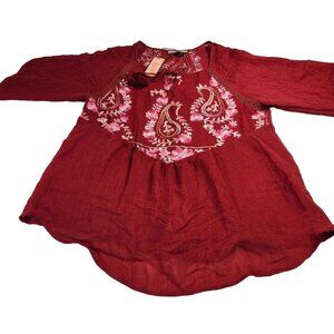 Olive Hill Women's Blouse Size S Red Embroidered Tassel Ties Bubble Sleeve (19)